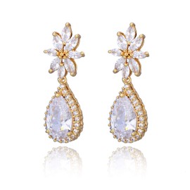 Cubic Zirconia Bridal Earrings Gold - CZ Crystal CZ Rhinestone Floral Leaf Cluster Chandelier Dangle Drop Earrings for Women Wedding Party Prom Bride Bridesmaids