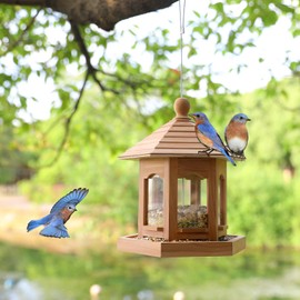 Liawm Wooden Bird Feeder for Outdoors Hanging, Red Cedar Hexagon Shaped Large Capacity, Cardinal Birdfeeder for Garden Decoration Yard, Weatherproof and Durable(Medium)