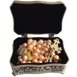 elegantmedical Pink 8mm Real Pearl BEADS St. Benedict GOLD ROSARY CROSS Necklace & box Catholic GIFTS, Copper Plated 18K Gold
