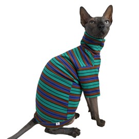 Vintage Stripes Sphynx Hairless Cats Shirt Cotton Cat Turtleneck Pet Clothes Kitten T-Shirts with Sleeves for Sphynx Cornish Rex, Devon Rex, Peterbald (Green Stripe, Large (Pack of 1))