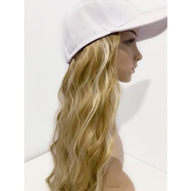 Yunkang Baseball Cap Wig Long Natural Wave Hair Extensions With White Hat Heat Resistant Synthetic Fiber Hairpieces Adjustable Wavy Wig for Women Girls Brown Honey blonde(W-blonde honey blonde)