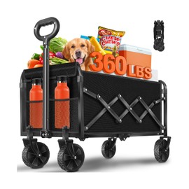 Collapsible Wagon, Wagons Carts Foldable, Foldable Wagon Cart with Wheels, Folding Wagons for Beach Camp Sports Garden, 2 Cup Holders/Lightweight Portable/Black/360 LBS