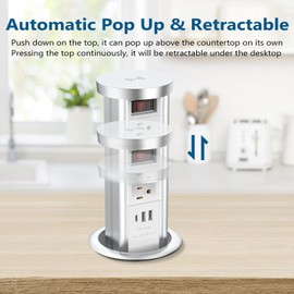 BTU Pop Up Outlet for Countertop, 4 Inch Hole Receptacle Power Strip with USB C & 4 AC Outlet, Pull Popup Outlet Recessed Power Socket with 10W Wireless Charger for Kitchen Conference Office