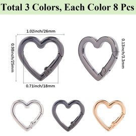 SUNNYCLUE 1 Box 24Pcs 3 Colors Heart Connector Rings Spring Gate Ring Clasp Gold Silver Black Metal Alloy Love Hearts Shaped Closures Carabiner Snap O Clasps for Jewellery Making DIY Crafts