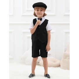 A&J DESIGN Toddler Suit Boy Wedding Gentleman Photoshoot Formal Church Ring Bearer Funeral Outfit Set Tuxedo with Newsboy Cap Black 2-3T
