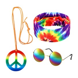 KRYMSON 3 Pieces Hippie Outfit Pop Sunglasses Tie Dye Bandana Peace Sign Pendant Retro Disco Style Outfit Unisex Night Fashion Accessories (Colorful), Colourful