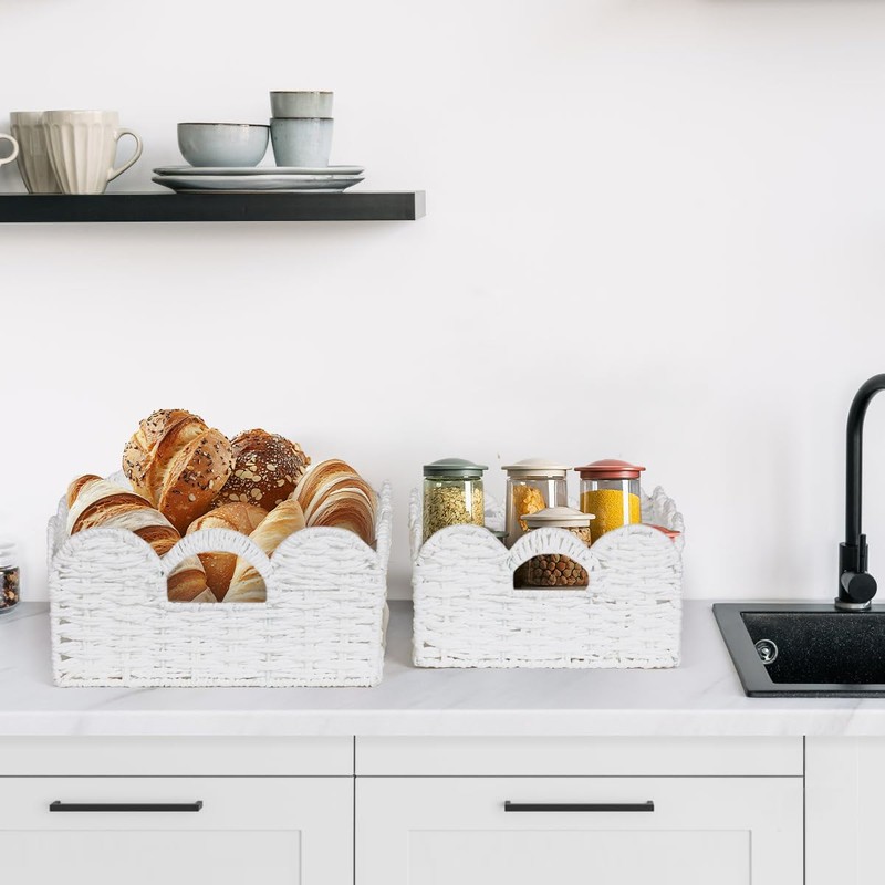 Graciadeco Scalloped Wicker Basket Natural Paper Rope Storage Baskets with