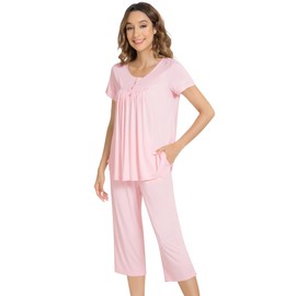 NACHILA Women's Pajamas-Viscose Made from Bamboo, Short Sleeve Pjs Soft Capri Pant Pajama Set Cool Sleepwear for Ladies Pink L