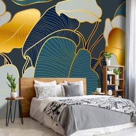 WXHFM - Golden Botanical Leaf wallpeper Living Room Bedroom Wall Mural - 91"x65"（Not Peel and Stick）