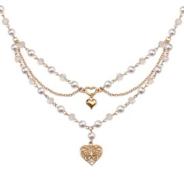 Heart Pendant Necklace Pearl Necklaces for Women Pearl Beaded Necklace Layered Choker Necklaces for Women Girls Christmas Birthday Gifts for Best Friend Wife Double Layer Pearl Necklace