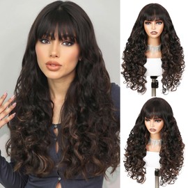 WIGER Glueless Long Curly Wigs 22 Inches Body Waves Layered Wig with Curtain Bangs for Black Women Natural Looking Heat Resistant Synthetic Fiber Wig For Daily Party (Dark Brown)