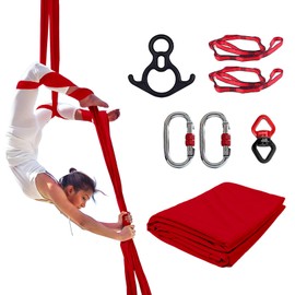 PRIORMAN Aerial Silks Set, Premium 10Y(9.1m) Medium Stretch 40D Nylon Fabric with Hardware Rigging Kit, Aerial Yoga Hammock for Anti-Gravity Flying， Starter Set for All Levels, Home/Outdoor Use(Red)