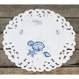 Embroidered Blue Seashell Beach on White Round Doily, Placemat (15 Inch Round)
