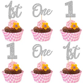 24 piezas de adornos para cupcakes de primer cumpleaños con purpurina para el primer cumpleaños, uno para cupcakes, número 1 para baby shower, niños, primer cumpleaños, aniversario, fiesta, decoración de pasteles, color plateado