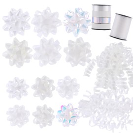 DYSHIPEN 16 Pcs Gift Bows,Bows for Gift Wrapping and Presents,2 Crimped Curling Ribbons,2 Curly Bows,Christmas Bows,for Parties, Birthdays, Weddings. (White, 3.5in+2.5in)