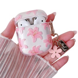 MINSCOSE Compatible with AirPods 1&2 Clear Case, Cute Flower Pattern Design with Pretty Aesthetic Floral Keychain Soft TPU Protective Shockproof Cover for AirPods 1&2 for Women Girls-Pink
