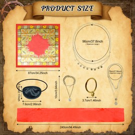 Womens Pirate Costume Accessories Set Head Scarf Sash Chain Belt Necklace Eye Patch for Adult Red