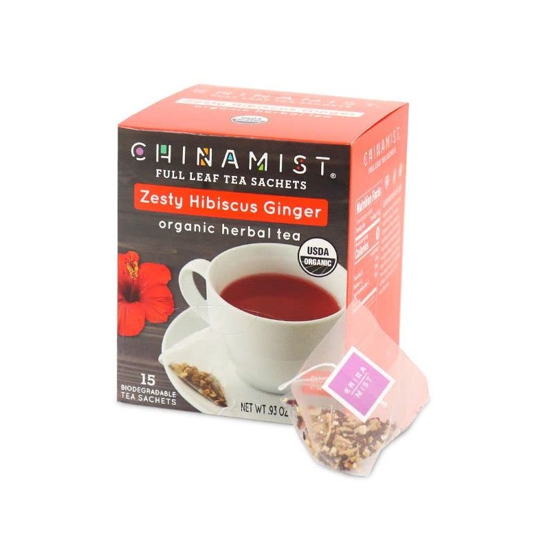China Mist Zesty Hibiscus Ginger Organic Herbal Tea, 15 tea