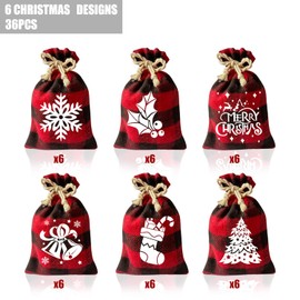 FOIMAS 36pcs Christmas Buffalo Plaid Drawstring Gift Bags Xmas Snowflake Gift Treat Bag Candy Sack for Christmas Gift Wrapping Party Favor Supply