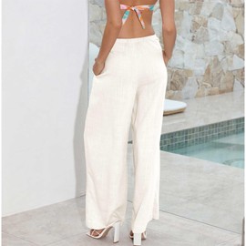 Duyang Womens Cotton Linen Palazzo Pants Drawstring Elastic Waist Casual Wide Leg Trousers with Pockets(Apricot,XL)