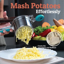 PriorityChef Large 15oz Potato Ricer, Heavy Duty Stainless Steel Potato Masher and Ricer Kitchen Tool, Press and Mash Kitchen Gadget for Perfect Mashed Potatoes - Everytime, Silver and Turquoise
