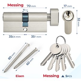 Hengsong Knob Cylinder Brass 35/35 with 5 Brass Keys, Lock Cylinder with Knob, Profile Cylinder for Security Lock Front Door with Eaves Approx. 7 cm x 1.7 cm x 3.2 cm, Silver