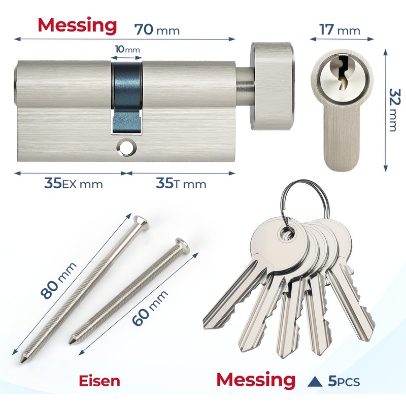 Hengsong Knob Cylinder Brass 35/35 with 5 Brass Keys, Lock