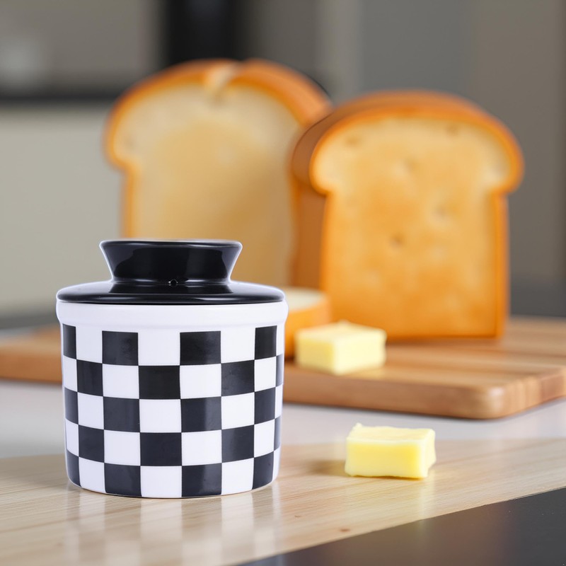 Checkered Butter Crock with Lid,Ceramic Butter Keeper for Countertop, Black