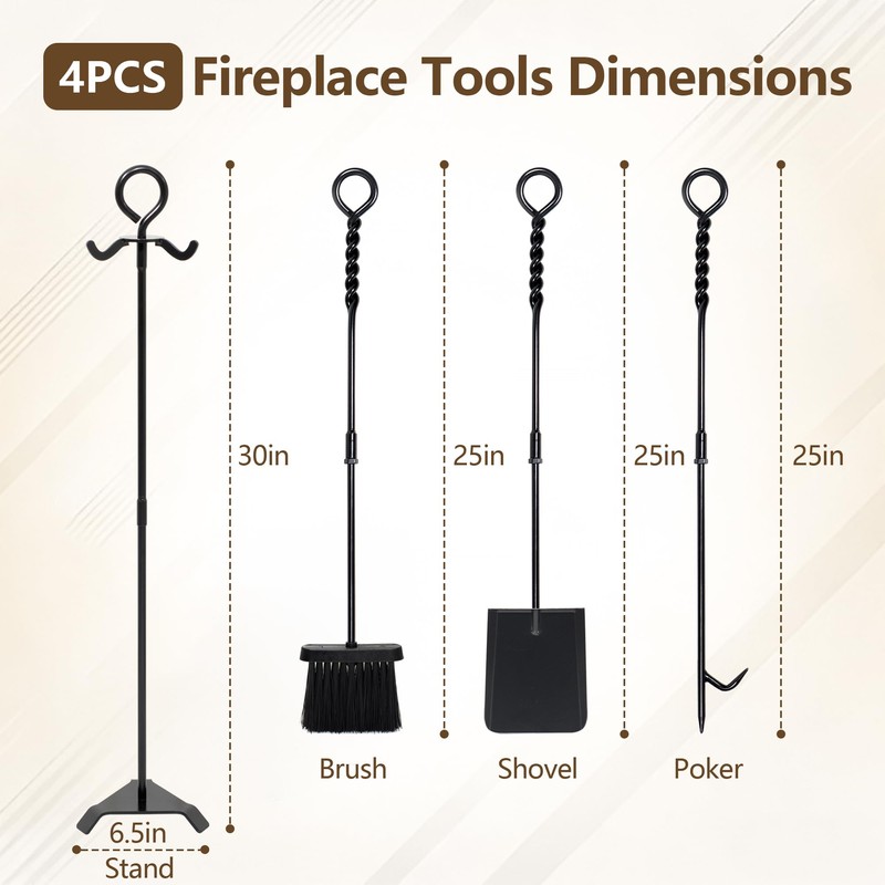 30in Fireplace Tool Set with Stand 4 Pcs Solid Manganese