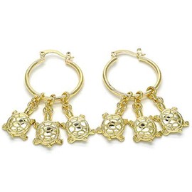 Women's Medium 14K Gold Tone Three Tone Lucky Turtle Dangling Design Round Click Top Hoop Earrings (Gold Tone)
