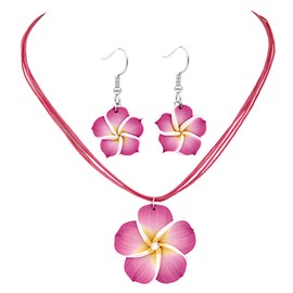 POYAMUSE Hawaiian Colorful Plumeria Flower Necklace Earrings Set - Tropical Beach Party Accessories for Women Vacation Luau Events Jewelry-rose