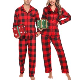 SWOMOG Matching Couple Christmas Pajamas Set Long Sleeve Festival Party Pj Set Button-Down Sleepwear Red With Black Big Plaid Large