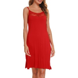 Vlazom Women Nightdresses Soft Full Slip Petticoat Spaghetti Strap Chemises V Neck Lace Trim Negligee Nightgown Red, S