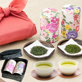 Kawamotoya Tea Shop Binchotan Fire-Cured Shizuoka Tea, Deep Steamed Method Kakegawa Tea, High-Grade Japanese Tea 2 Varieties, Gift, Tea, Bamboo Basket, Present, Furoshiki Wrapped (Flower Tea Can)