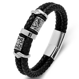 RGEMCY Viking Bracelet for Men Mens Leather Bracelet Double Row Black Braided Leather Wristband Bangle Stainless Steel Leather Bracelet for Men Norse Viking Celtic Jewelry Cuff Bracelet Gifts for Him