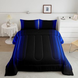 Geometric Abstract Ombre Comforter Set Kids Teens Dark Blue and Black Striped Bedding Bed Set Decor Modern Fashion Comforter Inner Fill Bedroom Collection 2Pcs Twin Size
