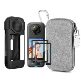 LEWOTE 7in1 Compatible with Insta360 X5 Accessories Kit[Silicone Camera Case Cover and Lens Cap][2Pcs 3D Screen Protector Film][Carrying Case Bag with Auto Locking Carabiner and Anti-loss Lock]