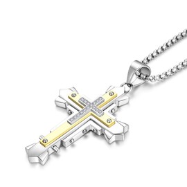 YL Cross Necklace for Men Stainless Stee Gold Pendant Cubic Zirconia Rolo Chain Jewelry