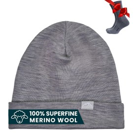 Merino Wool Beanie Men and Women – Cuff Merino Wool Hats for Men and Women - Unisex Adult Beanie Hat and Socks (Grey Melange, Small-Medium)