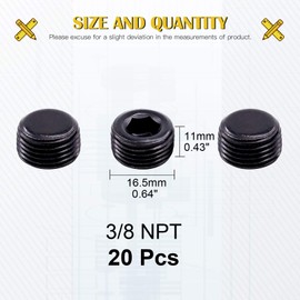 Mardatt 20pc 3/8" NPT Carbon Steel Pipe Plug Set - Male Thread, Allen Head