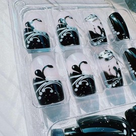 Dark Flower Press on Nails Medium Square False Nails French Tip Press on Full Cover Glossy Black Vine Acrylic Glue on Nails Press ons Cute Stick on Nails Artificial Nails for Women Girls 24Pcs