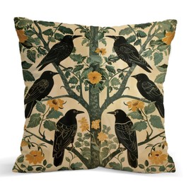 Crow Bird Botanical Pillow Cover 18x18, Vintage Black Bird Throw Pillow, Floral Tree Decorative Cushion Cover for Couch Sofa Bedroom Home Decor