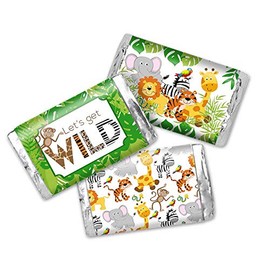 Let's Get Wild Jungle Animal Themed Birthday Party Mini Chocolate Candy Bar Sticker Wrappers for Kids, 45 1.4" x 2.6" Wrap Around Labels by AmandaCreation, Great for Party Favors