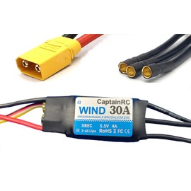 captainrc 30A ESC with 5.5V/4A BEC 2-4S Electric Speed Controller with XT60 & 3.5mm Bullet Plugs for Fixed Wing Airplane/RC Drone Airplane/Brushless Motors