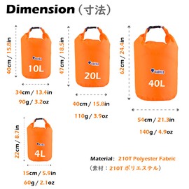 TRIWONDER Dry Bag, Drum Type, Pool Bag, Waterproof Bag, Disaster Preparedness Bag, Stuff Bag, 3.2 gal (10 L), 6.3 gal (20 L), 40 L (Orange, 40L)
