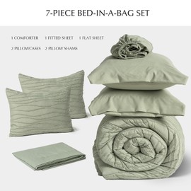 EVERGRACE Modern Comforter Set King Size 7 Piece, Shabby Chic Tufted Comforter Set with Sheets, Stripe Embroidery Bedding Set, All Season Soft Microfiber Complete Bed Set, Sage Green, 90"x104"