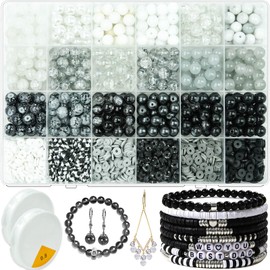 Wavlakth 1600PCS+ Black Glass Beads for Jewelry Making, 8mm White Crackle Lampwork Glass Bead Polymer Clay Beads Round Spacer Crystal Beads for Friendship Bracelet Necklace Earring (White+Black+Grey)
