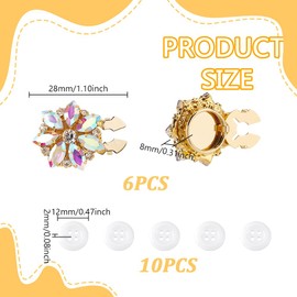 AHANDMAKER Pack of 6 Cufflinks with Rhinestones Golden Crystal Button Covers with 10 Pieces Sewing Buttons Removable Crystal Clip for Sewing DIY Craft Decoration 28 x 28 x 8 mm
