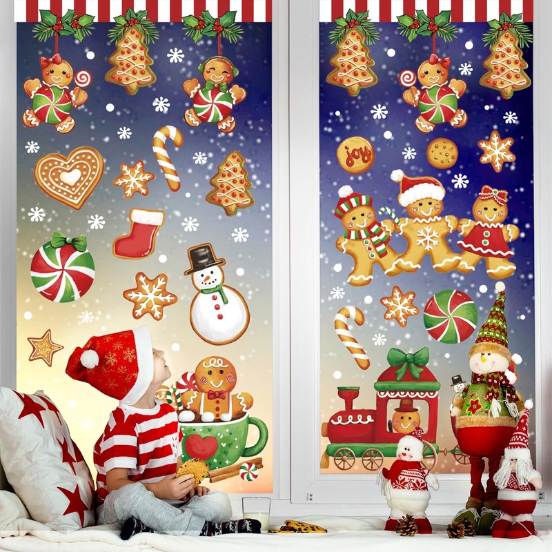 JarThenaAMCS 9 Sheets Christmas Window Cling Stickers Gingerbread Man Peppermint