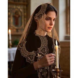 Bozidol Christian Veil Catholic Black Gold Lace Mantilla Veils for Women Mass Embroidered Cross and Rose Church Head Covering with Gift Box
